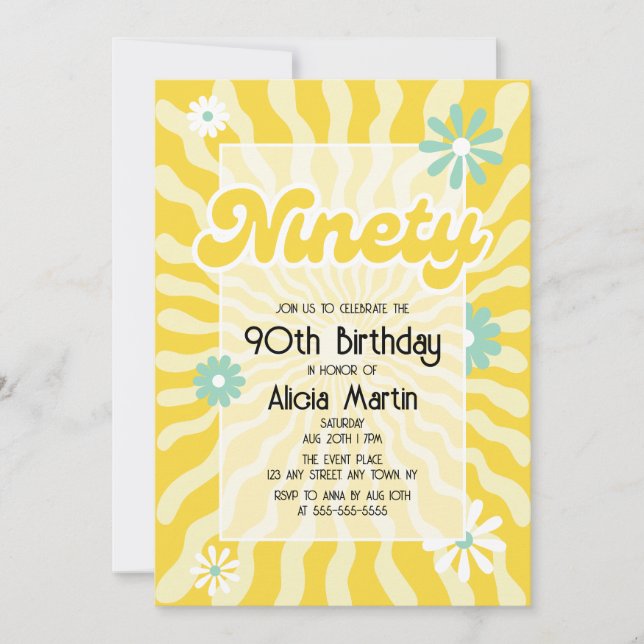 Retro Sun Wave Daisy Ninety 90th Birthday Invitation (Front)