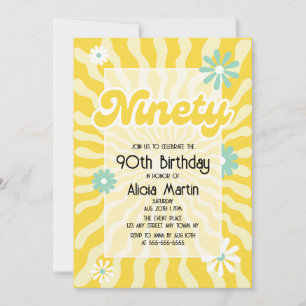 Retro Sun Wave Daisy Ninety 90th Birthday Invitation