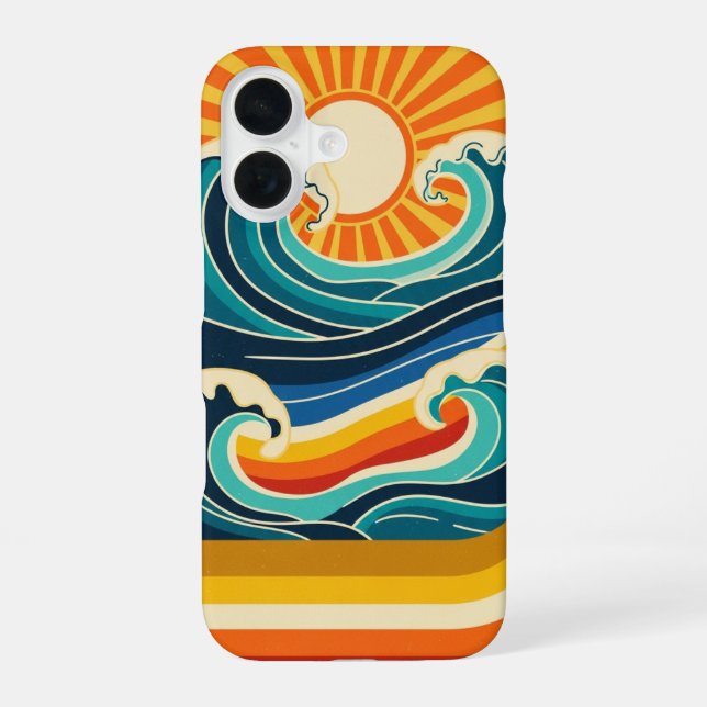 Retro Sun & Waves iPhone 16 Case (Back)