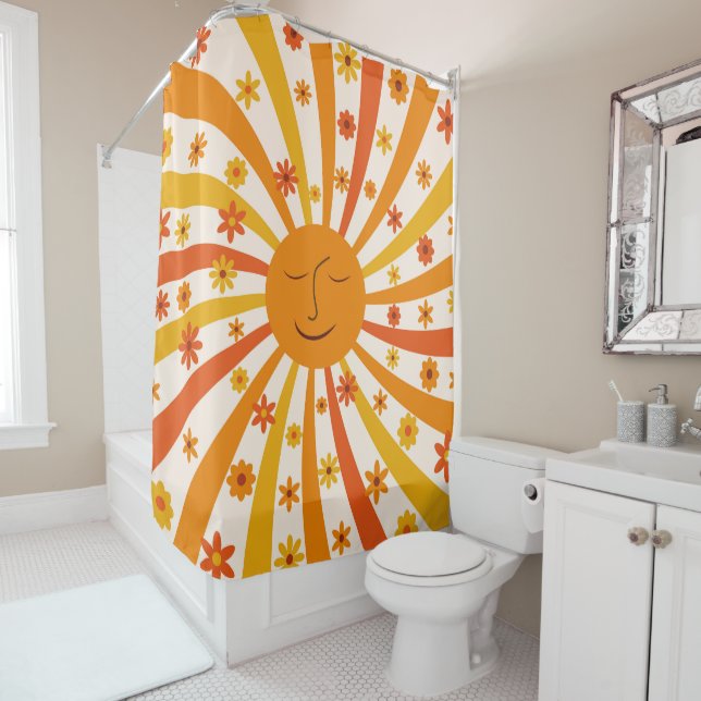 Retro Sun With Hippie Flowers Sunshine  Shower Curtain (In Situ)