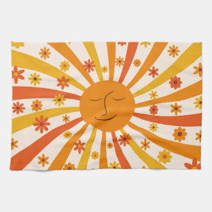Retro Sun With Hippie Flowers Sunshine Tea Towel