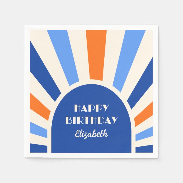 Retro Sunburst Arch Typography Birthday Blue Napkin (Front)