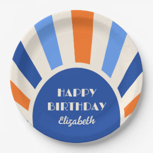 Retro Sunburst Arch Typography Birthday Blue Paper Plate