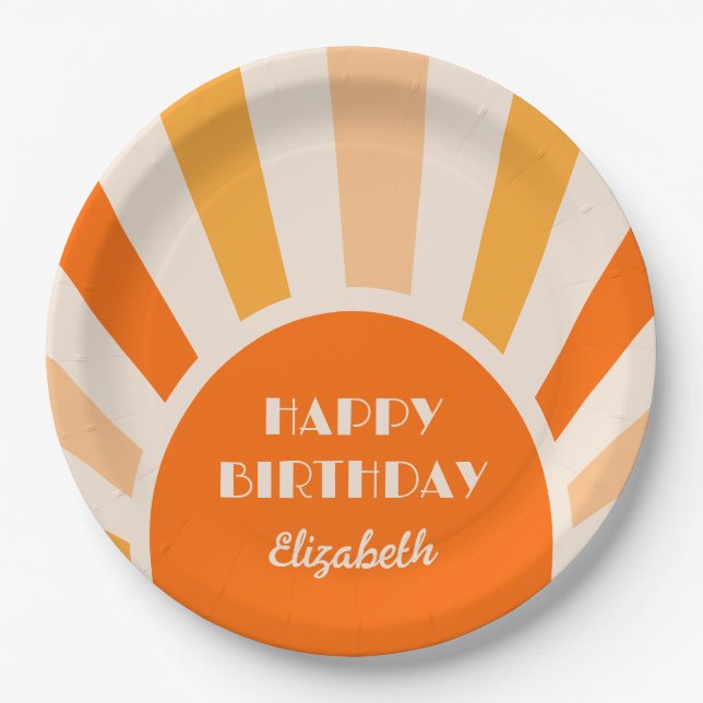Retro Sunburst Arch Typography Birthday Peach Paper Plate (Front)
