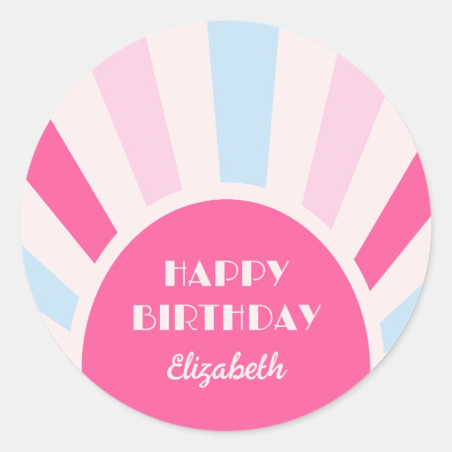 Retro Sunburst Arch Typography Birthday Pink Classic Round Sticker (Front)