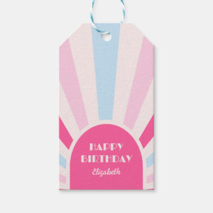 Retro Sunburst Arch Typography Birthday Pink Gift Tags