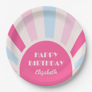 Retro Sunburst Arch Typography Birthday Pink Paper Plate