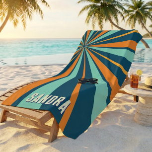 Retro Sunburst Custom Name Groovy Vintage Radial Beach Towel