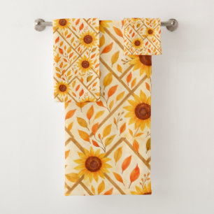 Retro Sunflower & Rustic Farmhouse Watercolor  Bath Towel Set