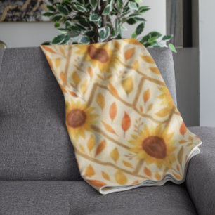 Retro Sunflower & Rustic Farmhouse Watercolor  Fleece Blanket