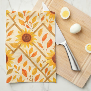 Retro Sunflower & Rustic Farmhouse Watercolor  Tea Towel