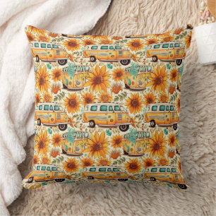 Retro Sunflower Van Pattern – Vintage Boho Hippie Cushion