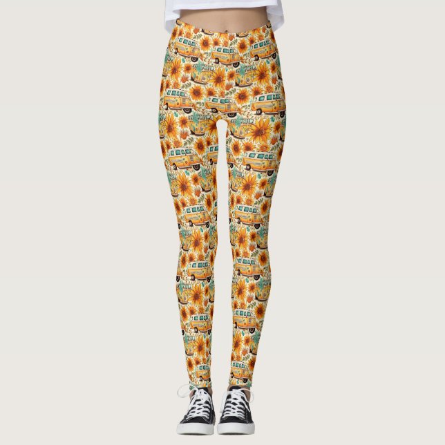 Retro Sunflower Van Pattern – Vintage Boho Hippie Leggings (Front)