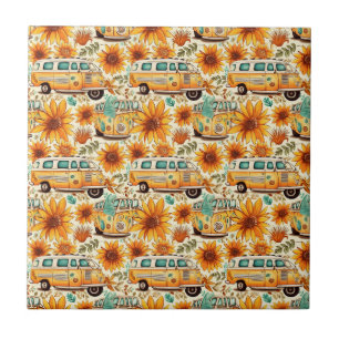 Retro Sunflower Van Pattern – Vintage Boho Hippie Tile