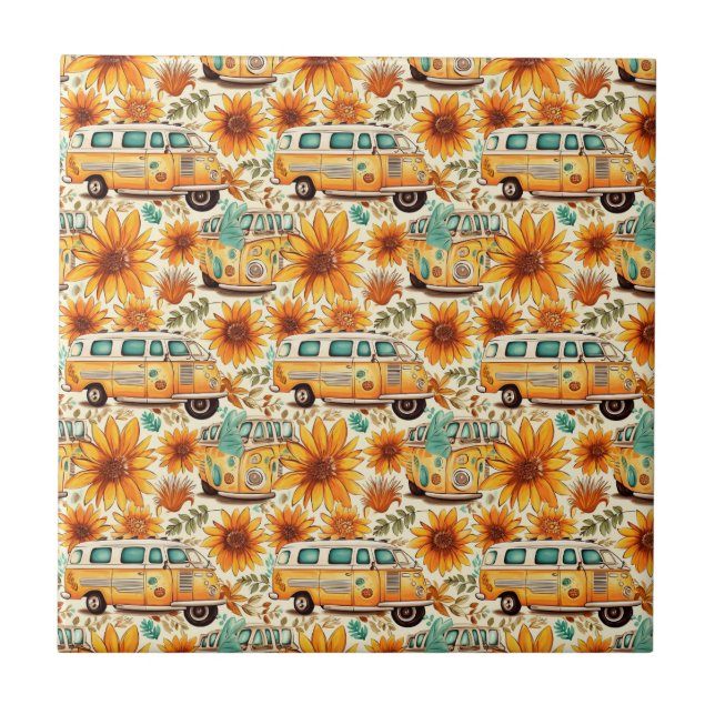 Retro Sunflower Van Pattern – Vintage Boho Hippie Tile (Front)