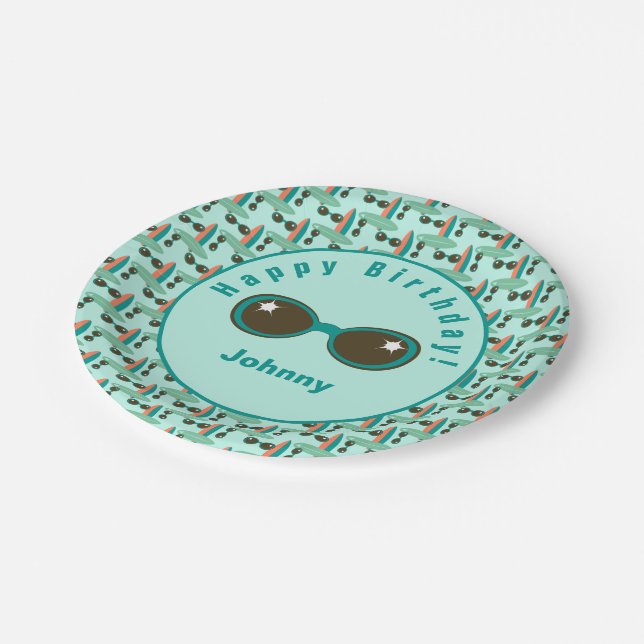 Retro Sunglasses and Surfboards Birthday Party Paper Plate (Angled)