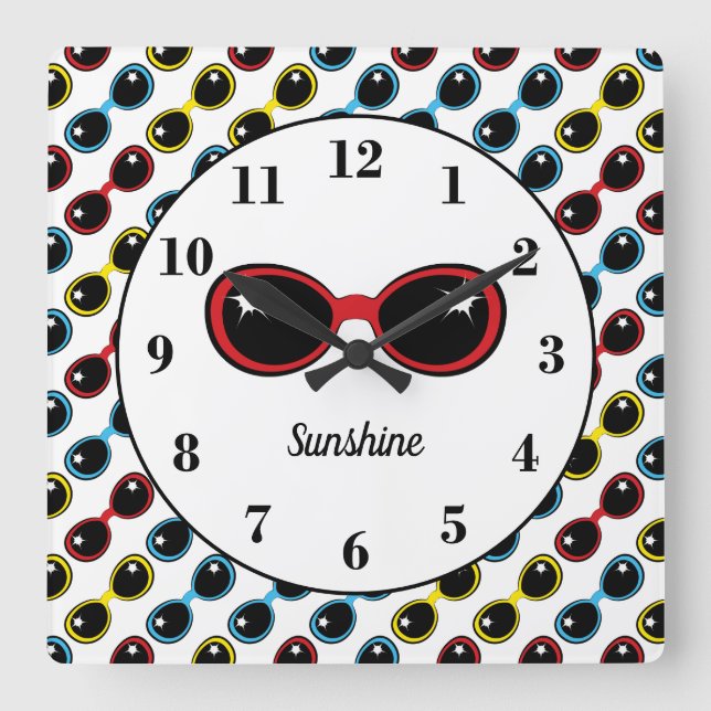 Retro Sunglasses Red Yellow Blue Personalized Square Wall Clock (Front)