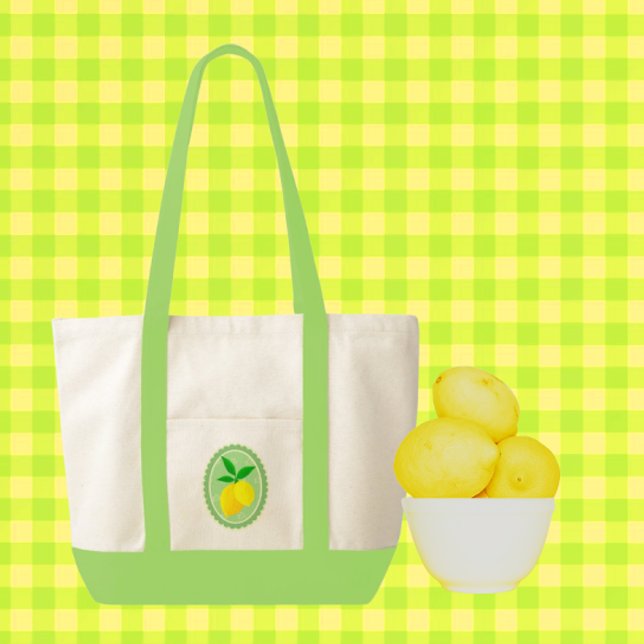 Retro Sunny Lemon Yellow Spring Green Tote Bag (Shopping at the farmers market?)