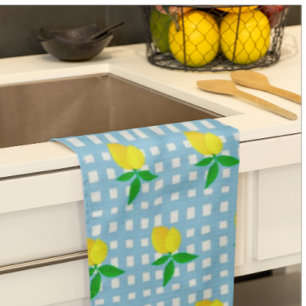 Retro Sunny Yellow Lemon Blue White Check Tea Towel