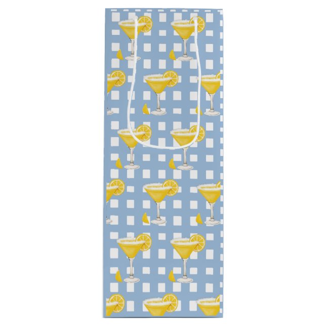 Retro Sunny Yellow Lemon Drop Blue Check Wine Gift Bag (Front)