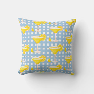 Retro Sunny Yellow Lemon Drop Blue White Check Cushion
