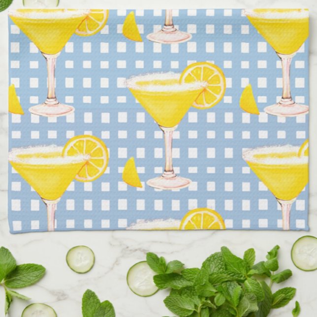 Retro Sunny Yellow Lemon Drop Blue White Check Tea Towel (Fun lemon drop kitchen towelL)