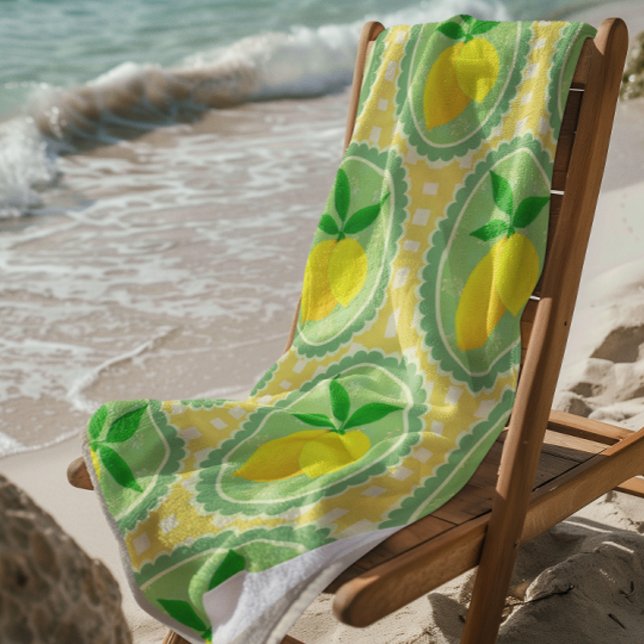 Retro Sunny Yellow Lemons Beach Towel (Sunny lemon beach towel )