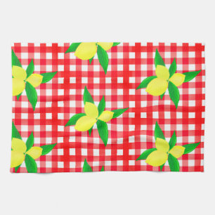 Retro Sunny Yellow Lemons on Red White Checks Tea Towel