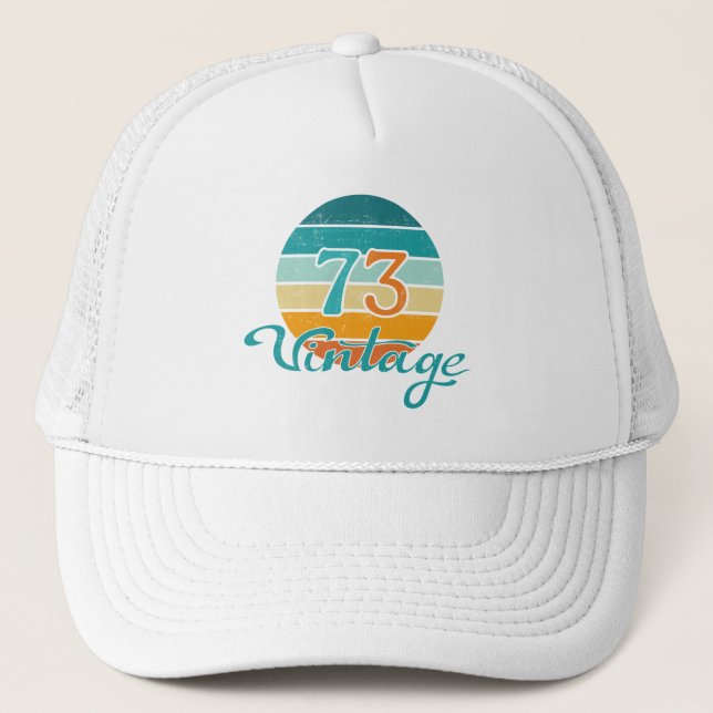 Retro Sunset 73 Vintage Distressed Trucker Hat (Front)