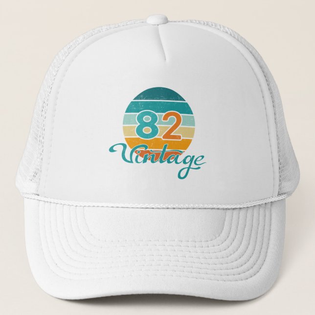 Retro Sunset 82 Vintage Distressed Trucker Hat (Front)