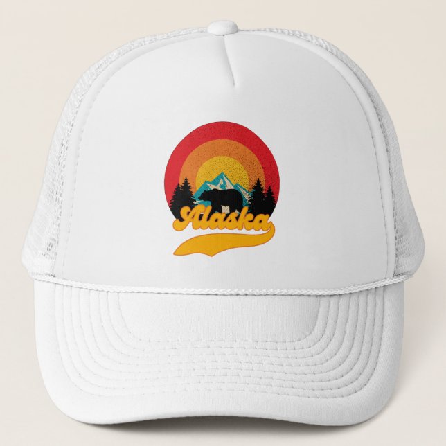 Retro Sunset Alaska Juneau Bear Mountains Wild AK Trucker Hat (Front)