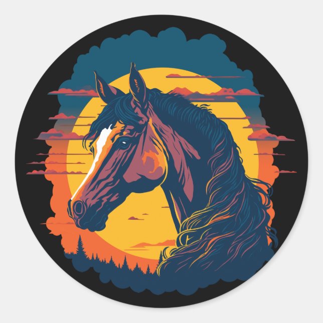 Retro Sunset And Horse Head Classic Round Sticker (Front)