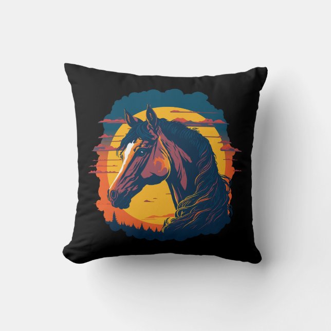 Retro Sunset And Horse Head Cushion (Front)