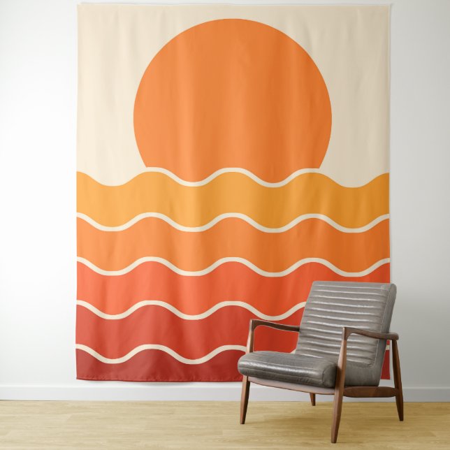 Retro Sunset and Waves Tapestry (In Situ)