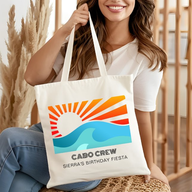 Retro Sunset Beach Custom Text Birthday Party Crew Tote Bag (Creator Uploaded)