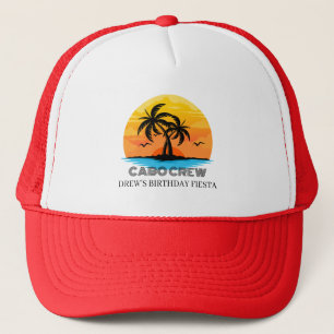 Retro Sunset Beach Custom Text Birthday Party Crew Trucker Hat