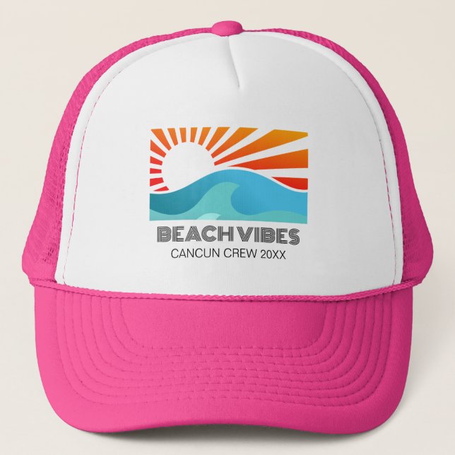 Retro Sunset Beach Vibes Vacation Summer Girl Trip Trucker Hat (Front)