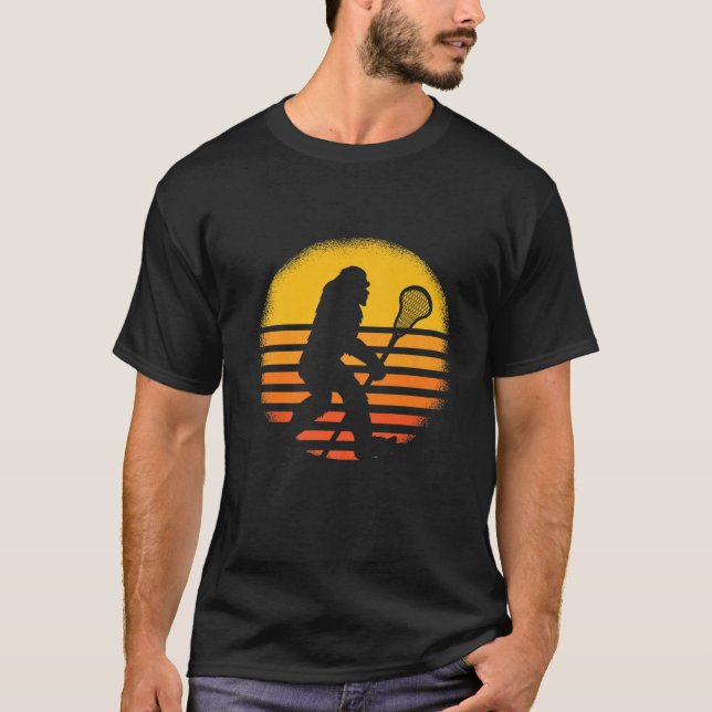 Retro Sunset Bigfoot Lacrosse Stick Men Women Teen T-Shirt (Front)
