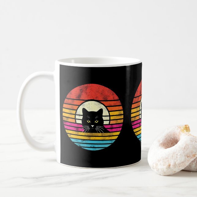 Retro Sunset Black Cat For Cat Lovers & Pet Owners Coffee Mug (With Donut)