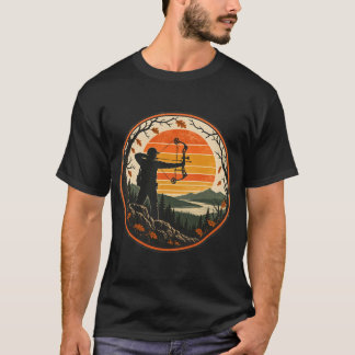 Retro Sunset Bowhunter In Autumn Woods T-Shirt