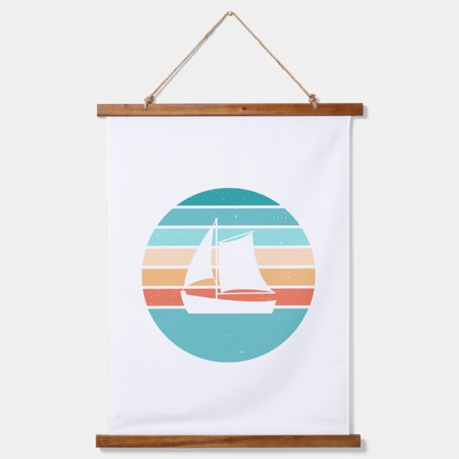 Retro Sunset Distressed Effect + Sailboat Hanging Tapestry (Front)