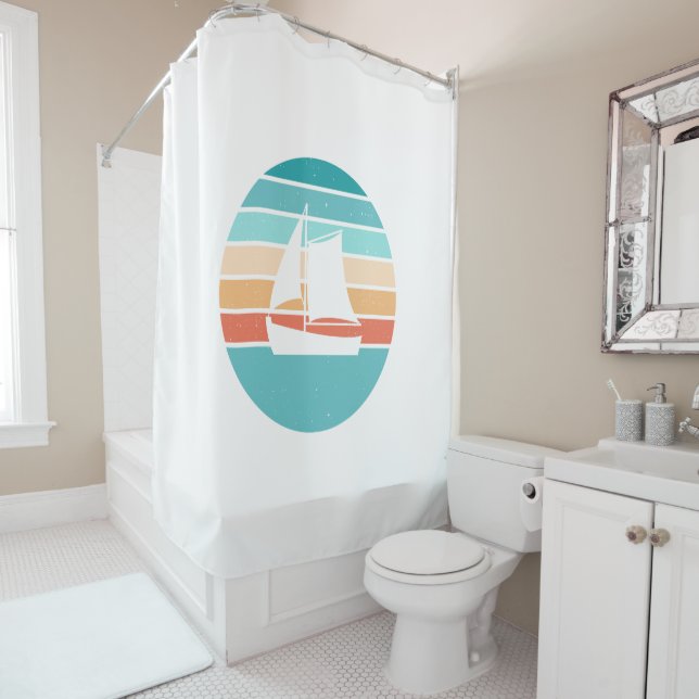 Retro Sunset Distressed Effect + Sailboat Shower Curtain (In Situ)