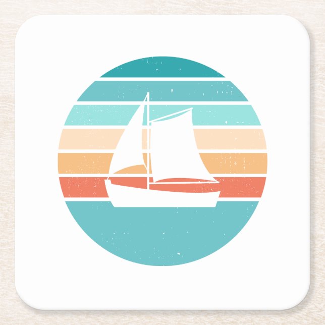 Retro Sunset Distressed Effect + Sailboat Square Paper Coaster (Front)