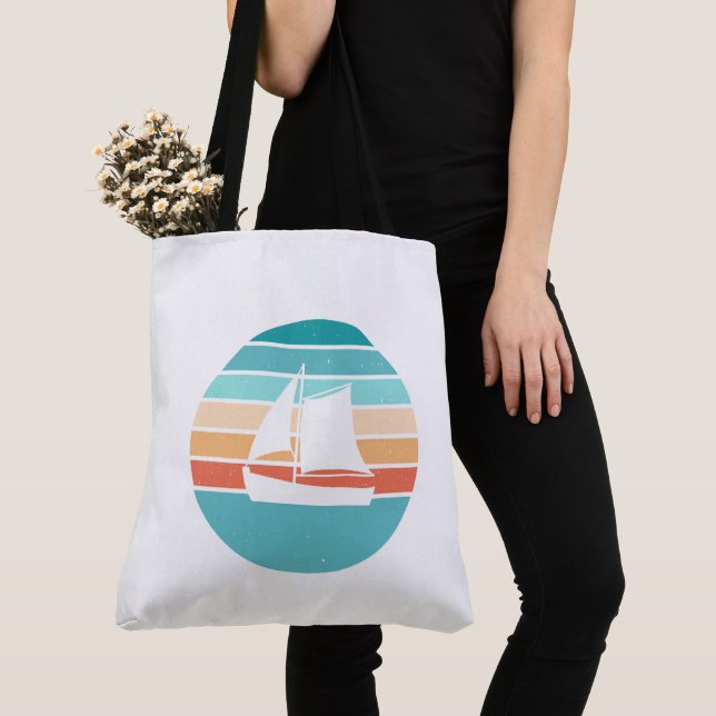 Retro Sunset Distressed Effect + Sailboat Tote Bag (Close Up)