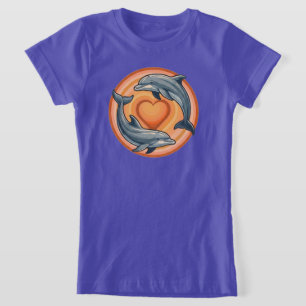 Retro Sunset Dolphins Heart Circle Graphic T-Shirt