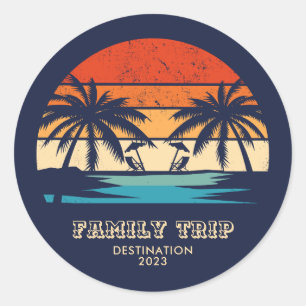 Retro sunset Family trip Beach Palm Tree Matching Classic Round Sticker