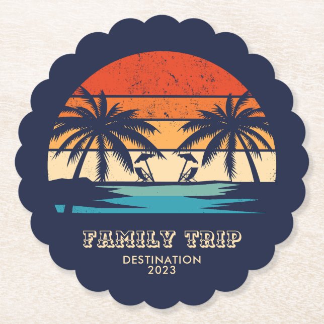 Retro sunset Family trip Beach Palm Tree Matching Paper Coaster (Front)