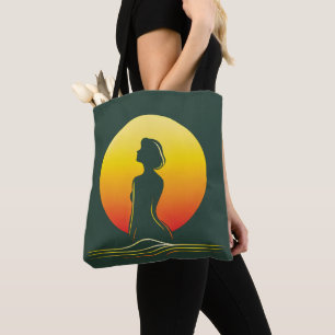 Retro sunset female silhouette tote bag
