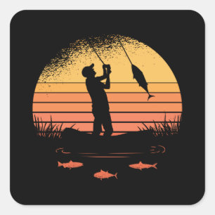 Retro Sunset Fisher Lake Fishing Gift Square Sticker