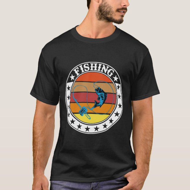 Retro Sunset Fishing Emblem Design T-Shirt (Front)